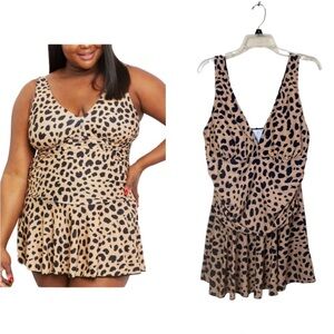 Marina West Tan Leopard Print Ruched Skirted One Piece Swimsuit Size 3X